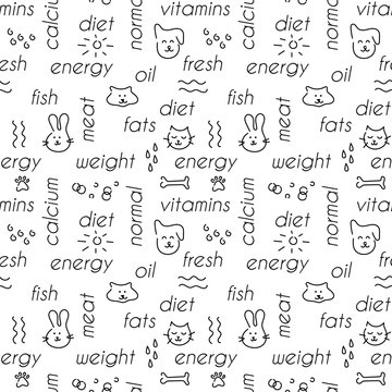 Seamless Doodle pattern. Pet food, complete diet for dogs, cats, hamsters, rabbits and others. For pet stores, fabric, wrapping paper, booklet covers.
