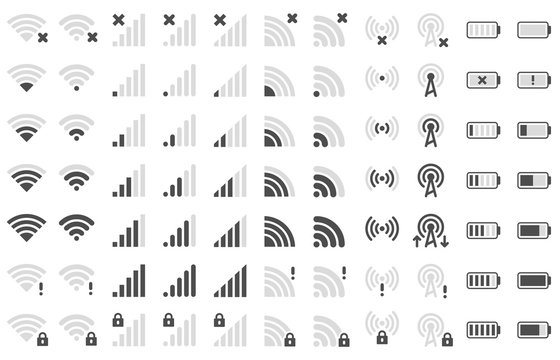 Mobile phone bar icons. Smartphone battery charge level, wifi signal strength icon and network connection levels pictogram vector set