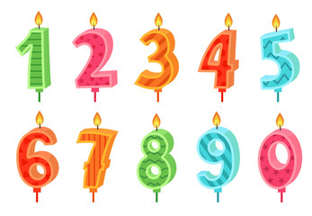 Cartoon anniversary numbers candle. Celebration cake candles burning lights, birthday number and party candle vector set