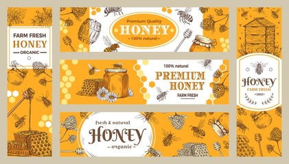 Honey banner. Healthy sweets, natural bees honey pot and bee farm products banners vector collection - obrazy, fototapety, plakaty