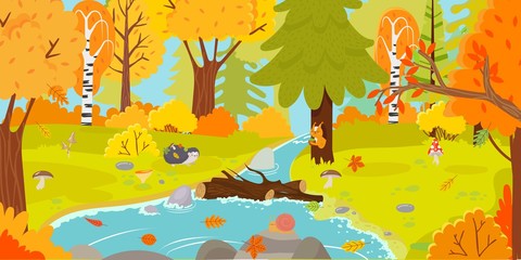 Fototapeta na wymiar Autumn forest. Autumnal nature landscape, yellow forests trees and woodland fall leaves cartoon vector illustration