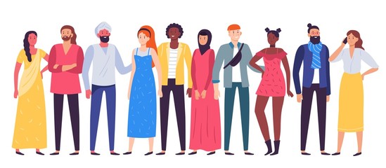 Multiethnic people group. Workers team, diverse people standing together and coworkers in casual outfit flat vector illustration
