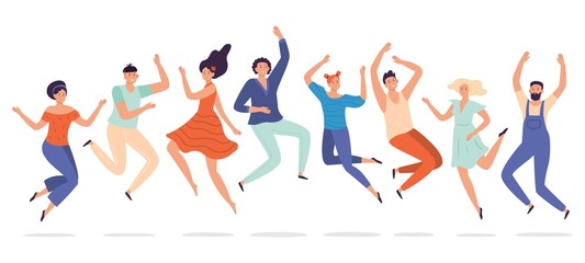Fototapeta na wymiar Young people jump. Jumping teenagers group, happy teen laughing students and smiling excited people flat vector illustration