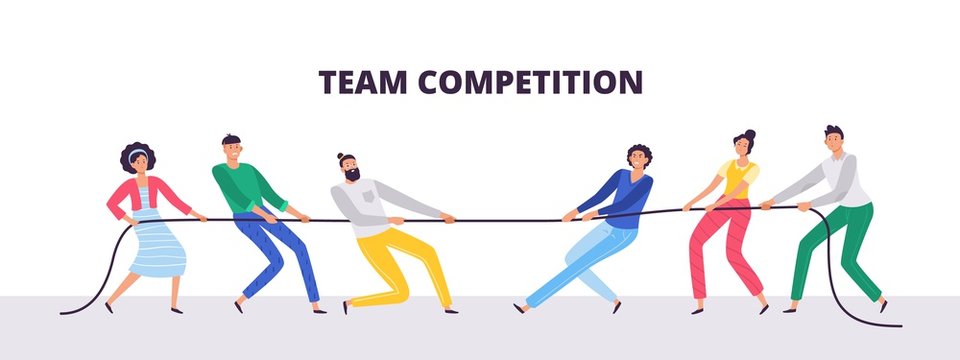 Tug of war. People teams pull the rope, office workers compete and rope pulling competition flat vector illustration