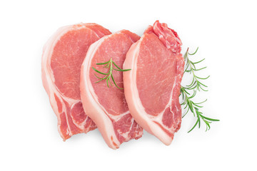 sliced raw pork meat with rosemary isolated on white background. Top view. Flat lay