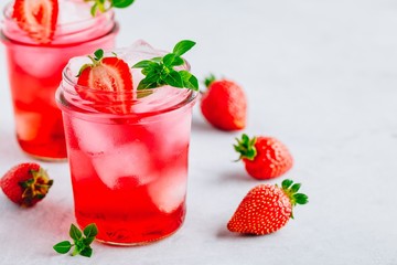 Strawberry Basil Iced Tea or lemonade in a jars