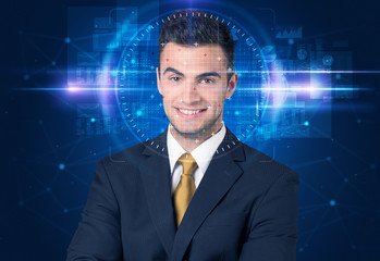 Facial recognition system. Young man on blue background