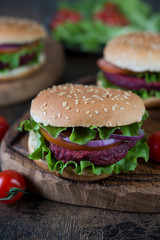 Vegetarian burgers with beetroot cutlet and vegetables