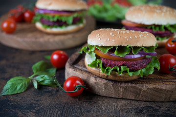 Vegetarian burgers with beetroot cutlet and vegetables