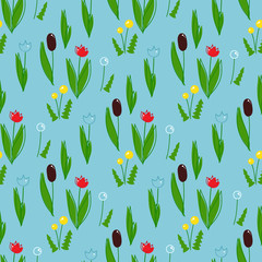 Vector cartoon background. Seamless pattern with wild flowers, dandelions, tulips, reeds. Children’s book style. Perfect for kids room wallpaper, cotton, textile. Cute ornament, texture