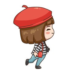 Vector illustration of cute chibi character isolated on white background. The girl traveler in red beret with camera. 