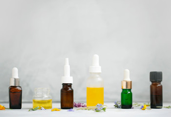 Aromatherapy plants extracts and essential oils bottles