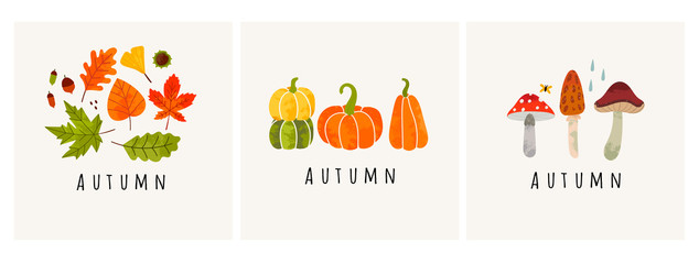 Autumn mood. Set of three colored trendy vector illustrations. Hand drawn various mushrooms, pumpkins and leaves. Flat design. Stamp texture. Greeting cards. Every illustration is isolated