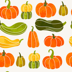 Autumn mood. Hand drawn various pumpkins. Vector seamless pattern. Colored trendy illustration. Flat design. Stamp texture