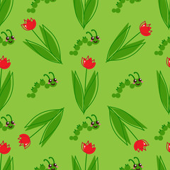 Vector cartoon background. Seamless pattern with flowers and insects, tulips and caterpillars. Children’s book style. Perfect for kids room wallpaper, cotton, textile. Cute ornament, texture