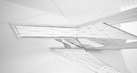 Drawing abstract architectural white interior of a minimalist house with large windows. 3D illustration and rendering.