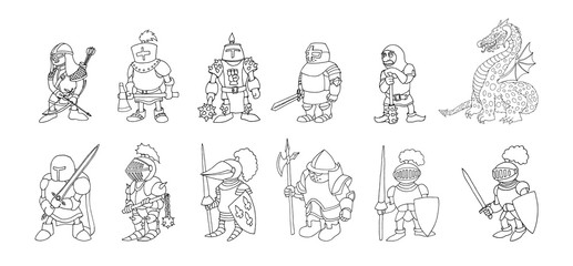 Coloring page set of cartoon medieval knights prepering for Knight Tournament
