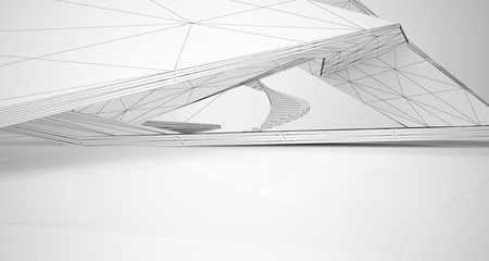 Drawing abstract architectural white interior of a minimalist house with large windows. 3D illustration and rendering.