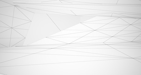 Drawing abstract architectural white interior of a minimalist house with large windows. 3D illustration and rendering.