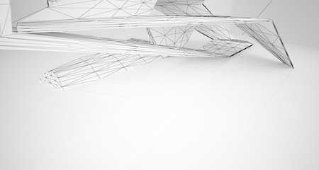 Drawing abstract architectural white interior of a minimalist house with large windows. 3D illustration and rendering.