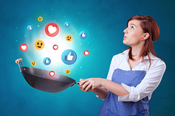 Young happy person cooking social media concept in wok