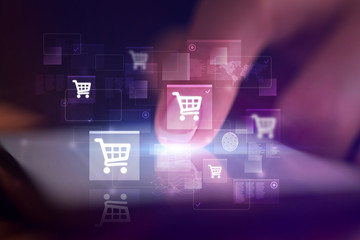 Finger touching phone with online shopping concept and dark background