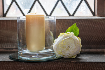 Flower and candle decoration inside a church
