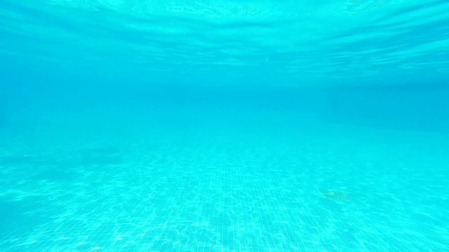 Pure blue water in the pool with light reflections. View from under water on empty blue swimming pool with caustics at bottom.