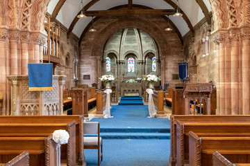 Inside view of a church looking down the aisle