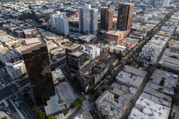 Aerial view of condos, apartments and buildings along Wilshire Blvd near Brentwood in West Los Angeles, California.