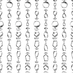 Seamless background of outlines of various wine glasses