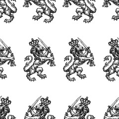 Seamless pattern of drawn heraldic royal lion with a sword