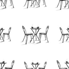 Seamless pattern of sketches of tables and chairs of outdoors caffee