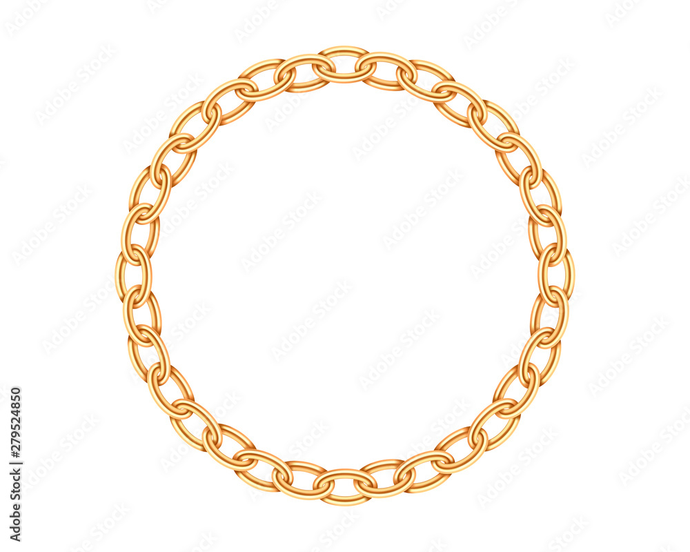 Poster realistic gold circle frame chain texture. golden round chains link isolated on white background. je