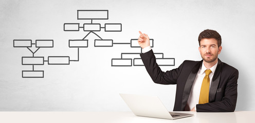 Businessman sitting at desk and presenting organizational chart