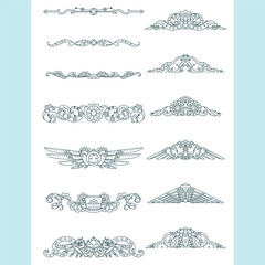 Vector calligraphic elements for design. Steampunk ornate wave elements, perfect for dividers, headers, titles. Hand drawn sketch mechanical clock, gear, birds, owls. Classic design