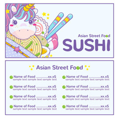 Vector background and template for menu. Kawaii art for Asian food, ramen shop, noodle cafe or sushi restaurant menu, flyer, price. Funny Unicorn with ramen, chopsticks, narutomaki, anime chibi style