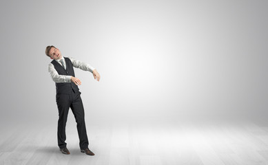 Zombi, sleepy maniac businessman walking in a copy space