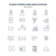 Elderly and senior care modern style line icons vector set. Icons for web design nursery home to care for old people.