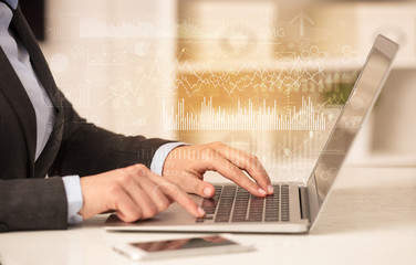 Business woman in homey environment using laptop with global financial report concept