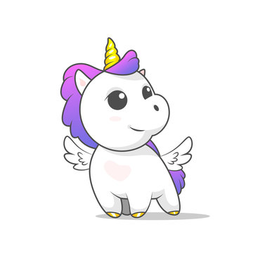 The cute white cartoon unicorn with golden horn, hoofs, and white wings also it has a purple mane and a tail it is isolated on a white background.