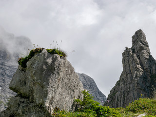 high mountain peaks covered in mystic fog on a scenic day in summer, Switzerland 