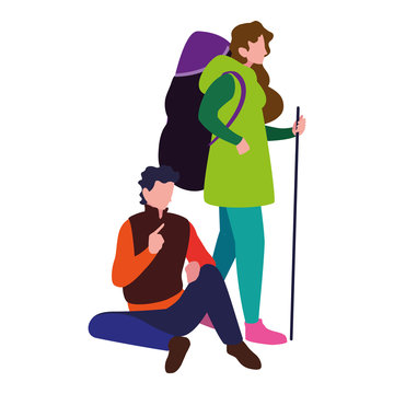 man and woman with backpack and stick hiking traveler