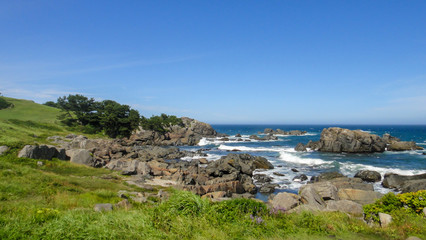 Tanesashi kaigan Coast. The coastline includes both sandy and rocky beaches, and grassy meadows scenic views. Hachinohe, Aomori, Japan