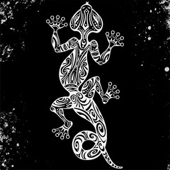 Vector drawing of a lizard or salamander with ethnic patterns of Aboriginal Australia. On the grange background. Image salamandy as a tattoo.