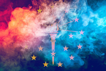 The national flag of the US state Indiana in against a gray smoke on the day of independence in different colors of blue red and yellow. Political and religious disputes, customs and delivery.