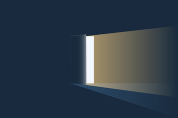 A bright doorway on a dark blue background. Light breaks through the open door. Vector.