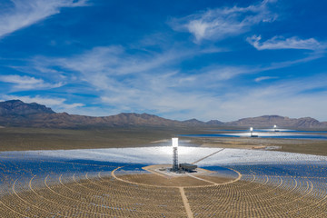Aerial view of the solar tower of the Ivanpah Solar Electric Generating System