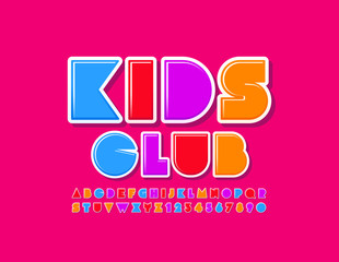 Vector colorful emblem Kids Club with bright Alphabet Letters and Numbers. Uppercase trendy Font