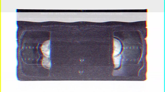 Intentional noise distortion fx tv transmission: an old retro vintage VHS cassette tape, isolated on a white background; mojo color tones.
